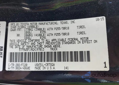 2016 Toyota Tundra Sr5 5.7L V8 z USA, uszkodzony, nr VIN 5TFRW5F19GX197013